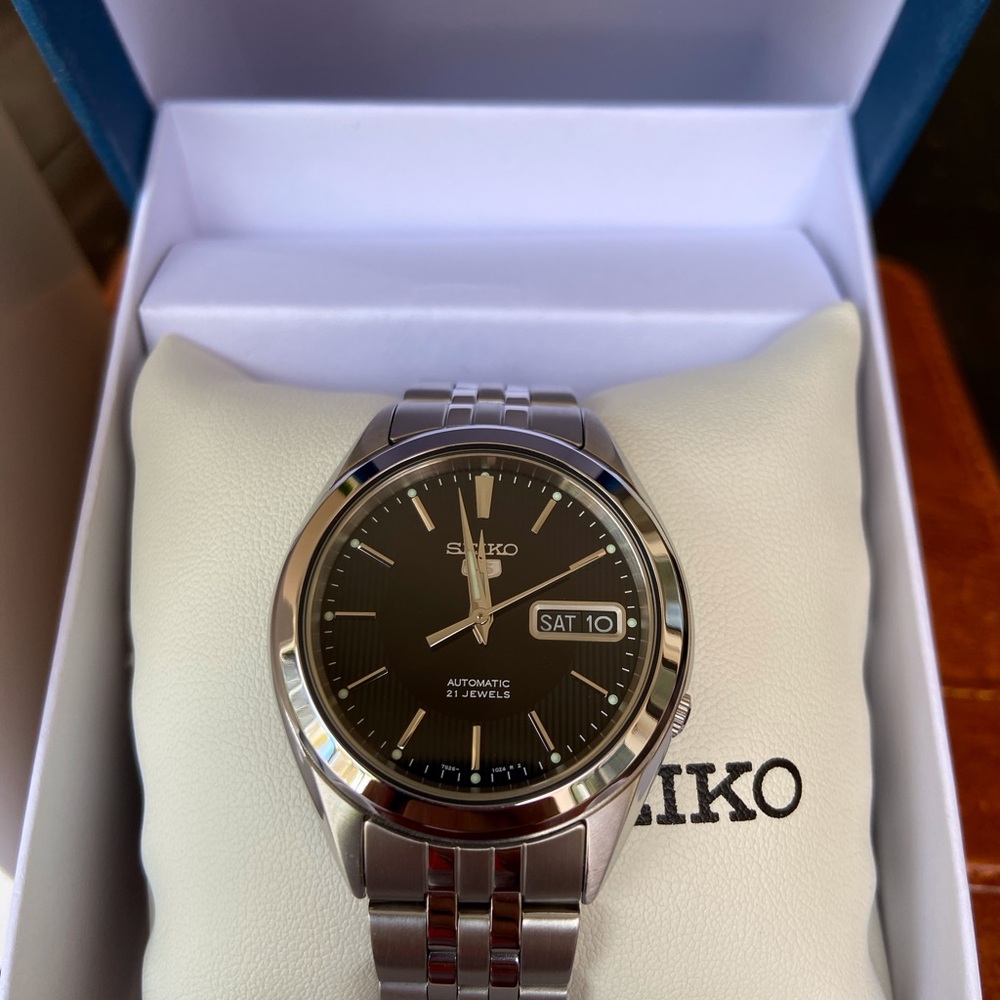 Seiko 5 Black Dial Watch.  Stainless steel